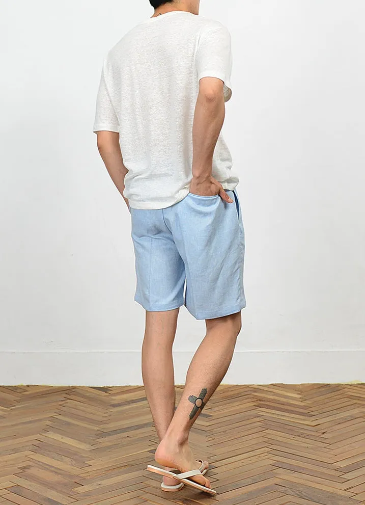 Men's Summer Linen Shorts - Blue Herringbone Korean Suits