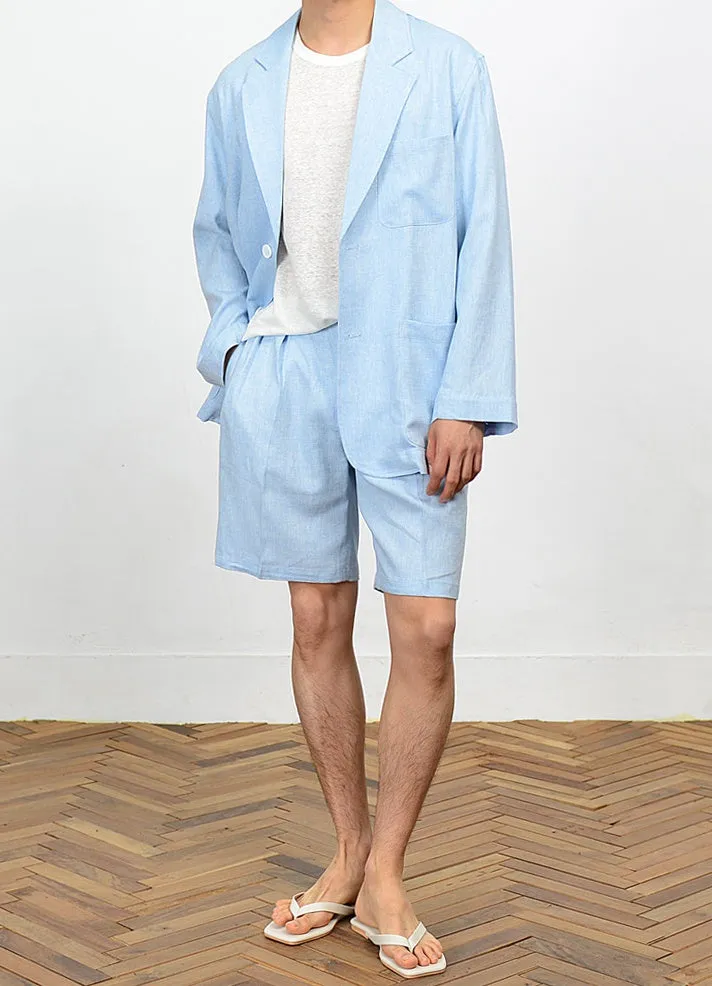 Men's Summer Linen Shorts - Blue Herringbone Korean Suits