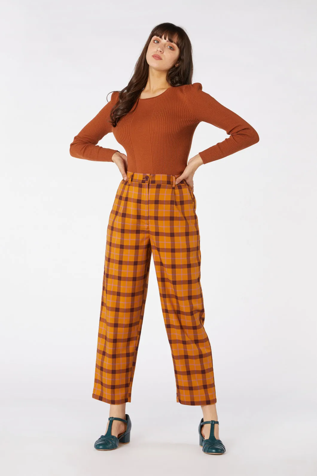 Navy Blue Plaid Pattern Trousers by Claudia