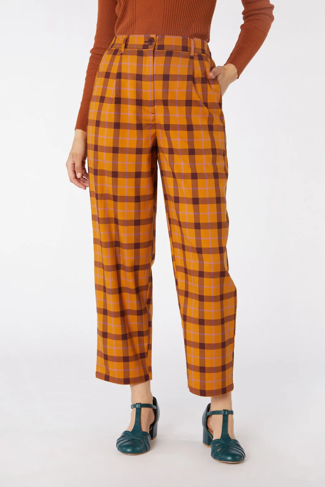 Navy Blue Plaid Pattern Trousers by Claudia