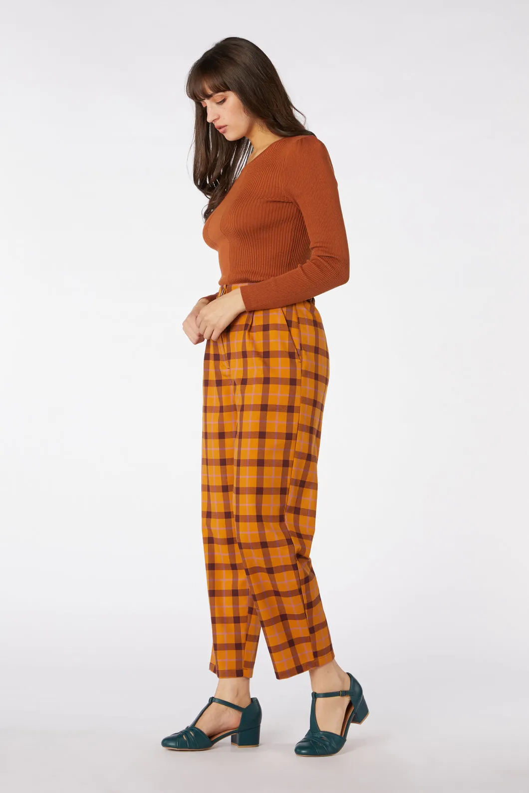 Navy Blue Plaid Pattern Trousers by Claudia