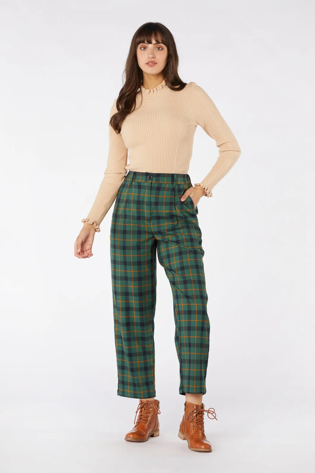 Navy Blue Plaid Pattern Trousers by Claudia