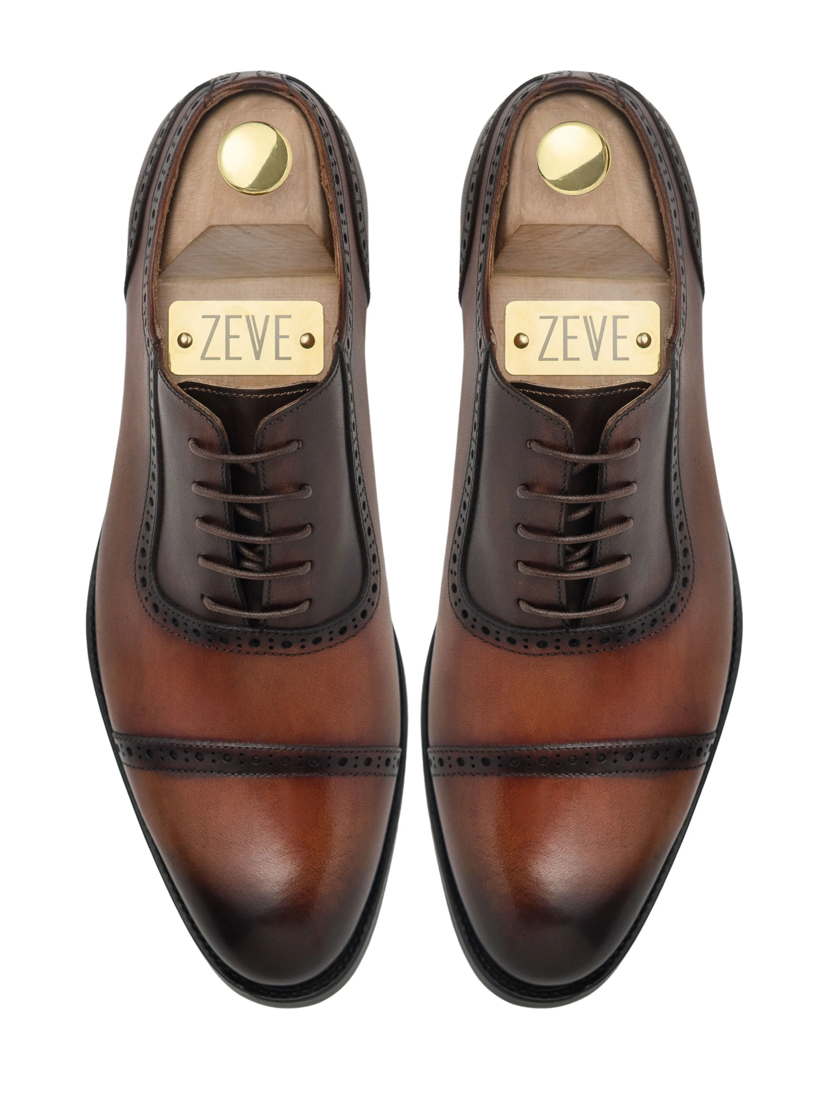 Oxford Cap Toe Adelaide - Cognac Tan Lace Up Shoes (Hand Painted Patina)