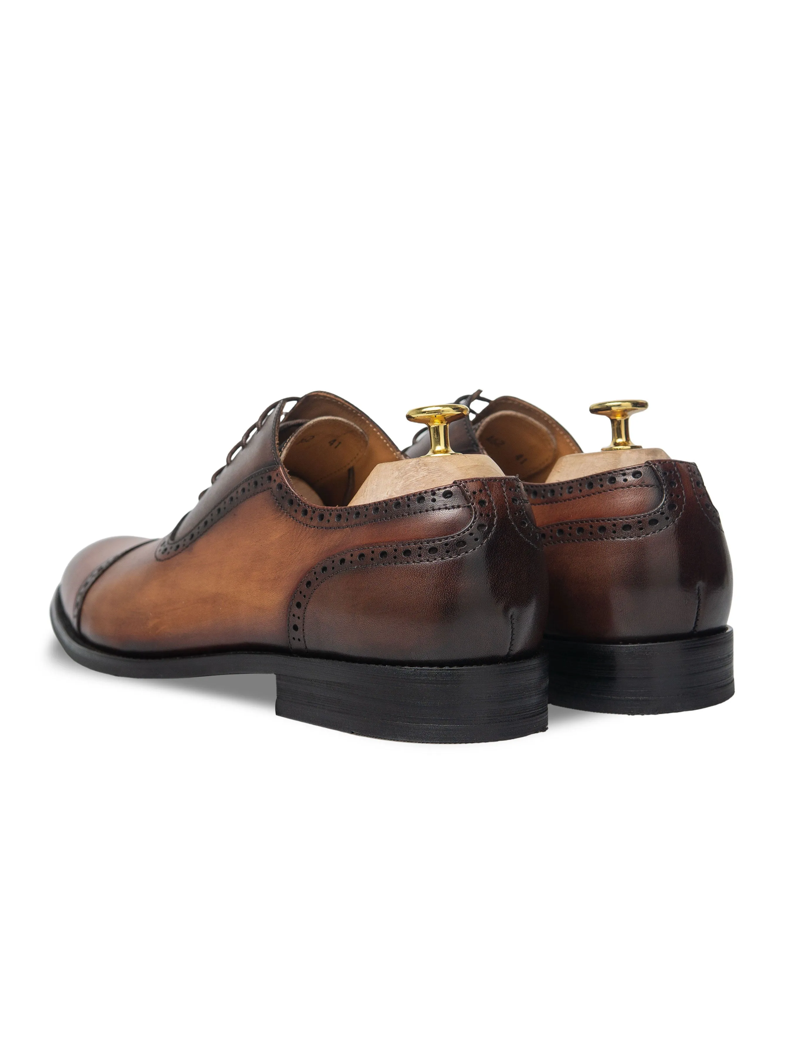 Oxford Cap Toe Adelaide - Cognac Tan Lace Up Shoes (Hand Painted Patina)