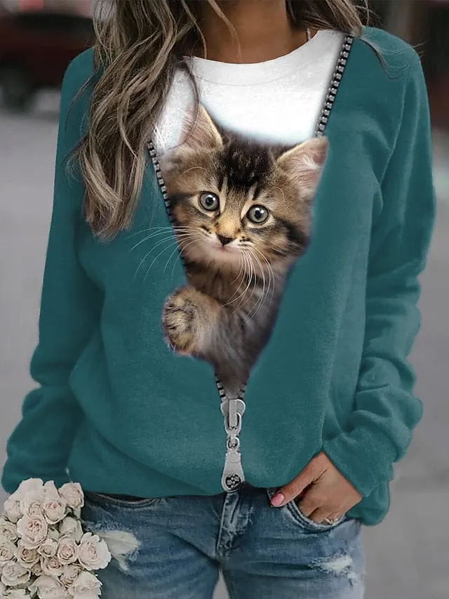 Plus Size Women's Cat Street Casual Sweatshirt Pullover.