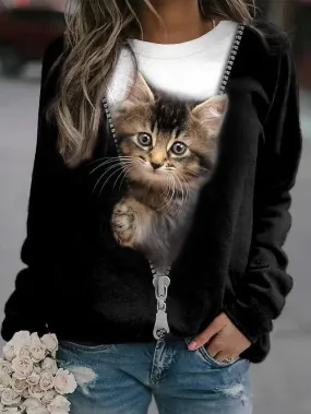 Plus Size Women's Cat Street Casual Sweatshirt Pullover.