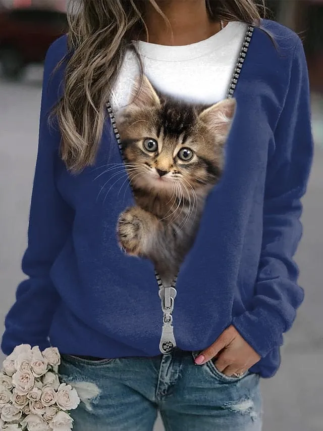 Plus Size Women's Cat Street Casual Sweatshirt Pullover.