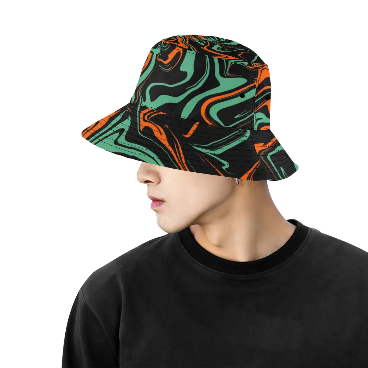 Psychedelic Camo Melt Bucket Hat - Orange, Black, Jade Green