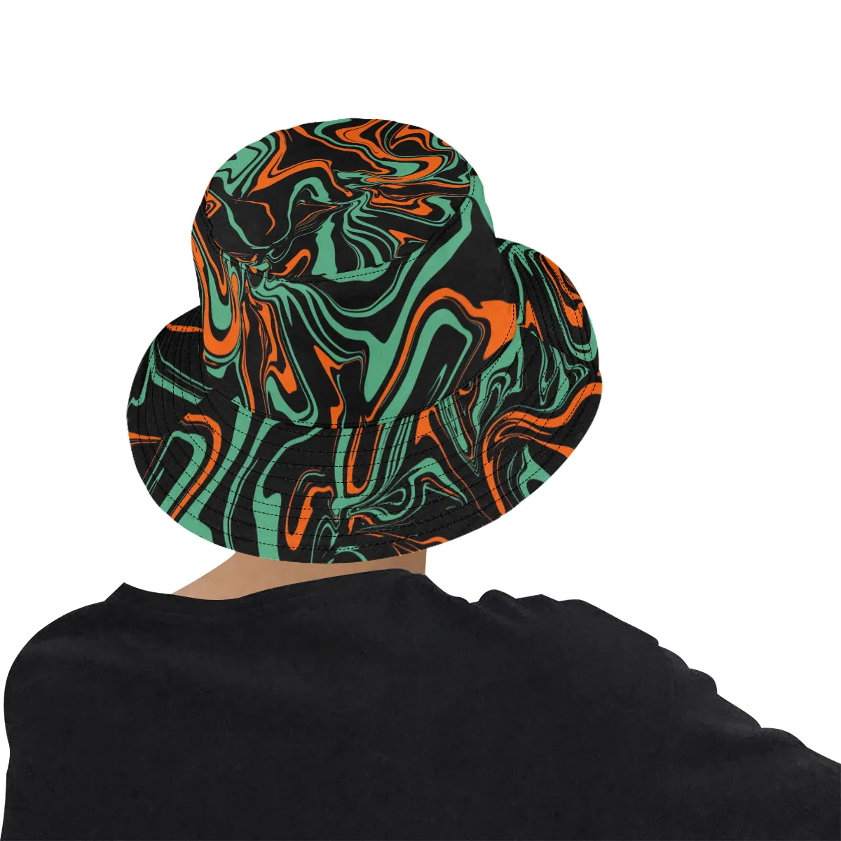 Psychedelic Camo Melt Bucket Hat - Orange, Black, Jade Green