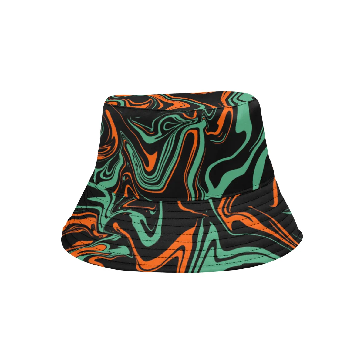 Psychedelic Camo Melt Bucket Hat - Orange, Black, Jade Green