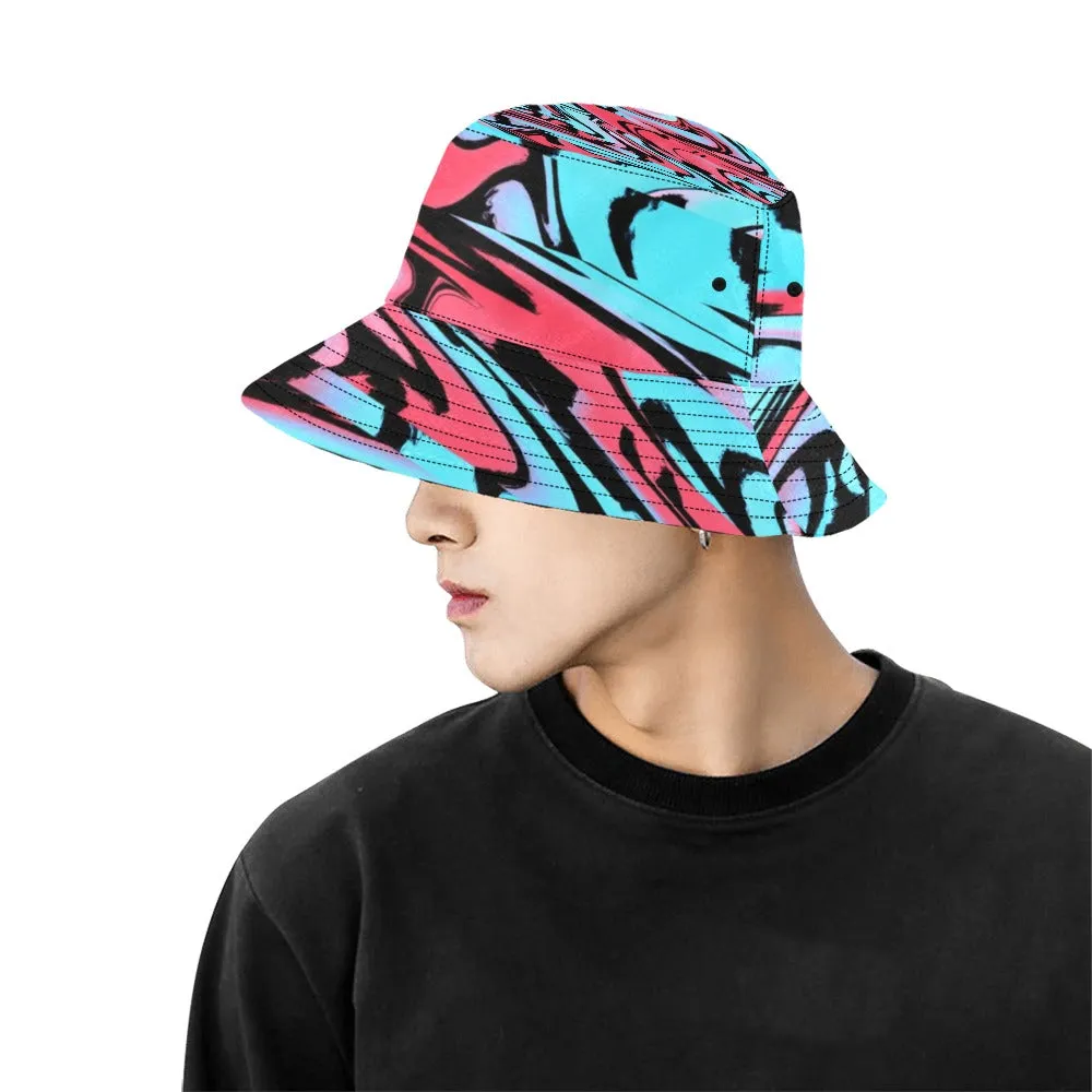 Red and Blue UV Blacklight Reactive Rave Glitch Bucket Hat.