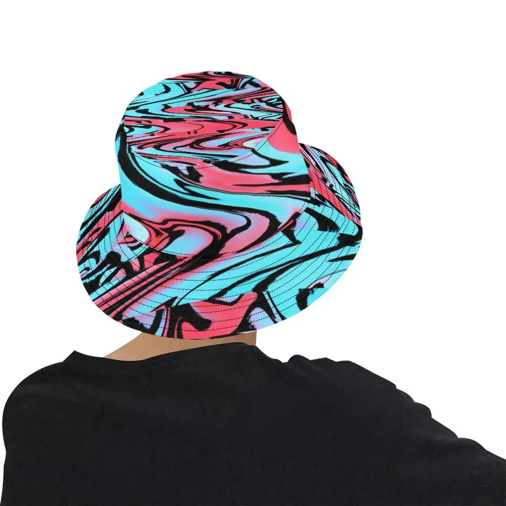 Red and Blue UV Blacklight Reactive Rave Glitch Bucket Hat.