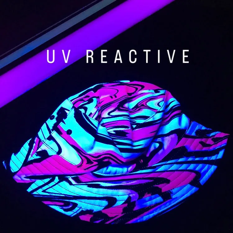 Red and Blue UV Blacklight Reactive Rave Glitch Bucket Hat.