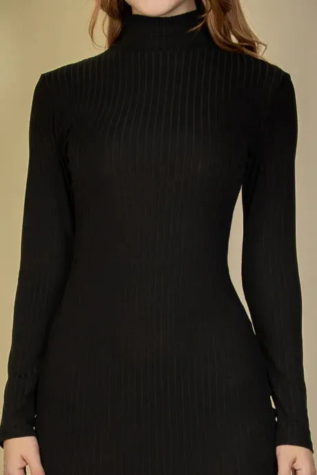 Ribbed Mock Neck Midi Dress with Long Sleeves that hugs the body in a sleek and stylish manner.