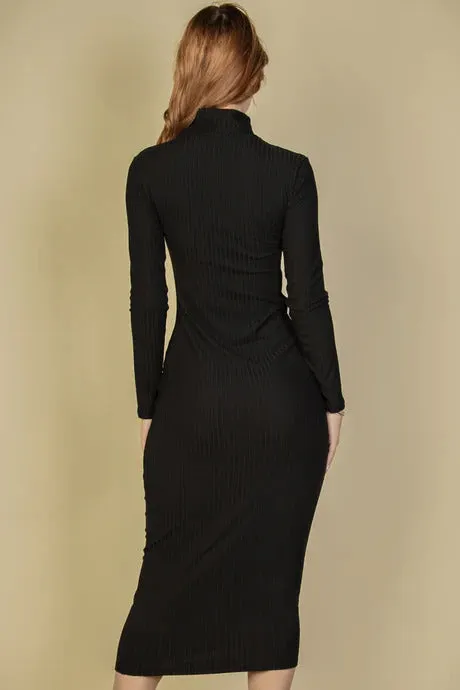 Ribbed Mock Neck Midi Dress with Long Sleeves that hugs the body in a sleek and stylish manner.