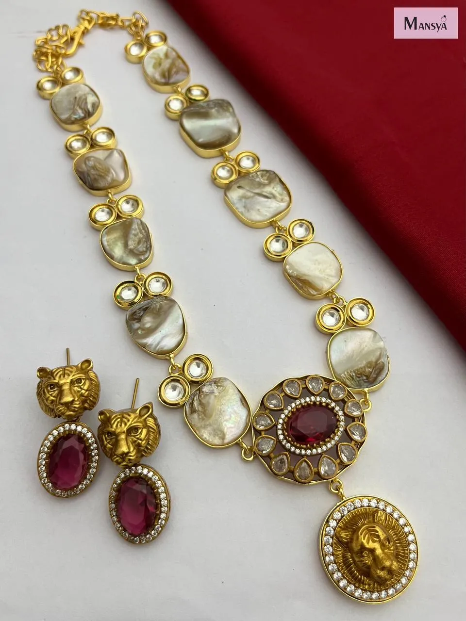 Ruby Pink Stone Elegant Baroque Necklace Set for Women