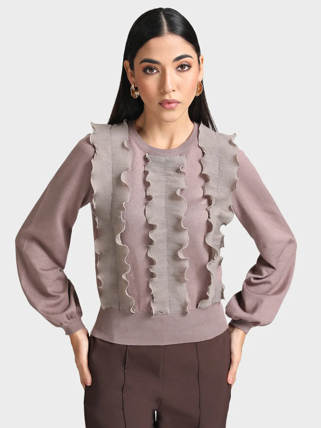 Ruffled Pleated Pullover with Front Detail