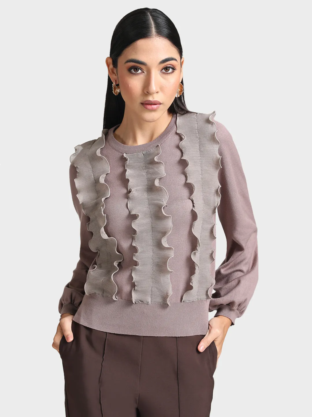 Ruffled Pleated Pullover with Front Detail