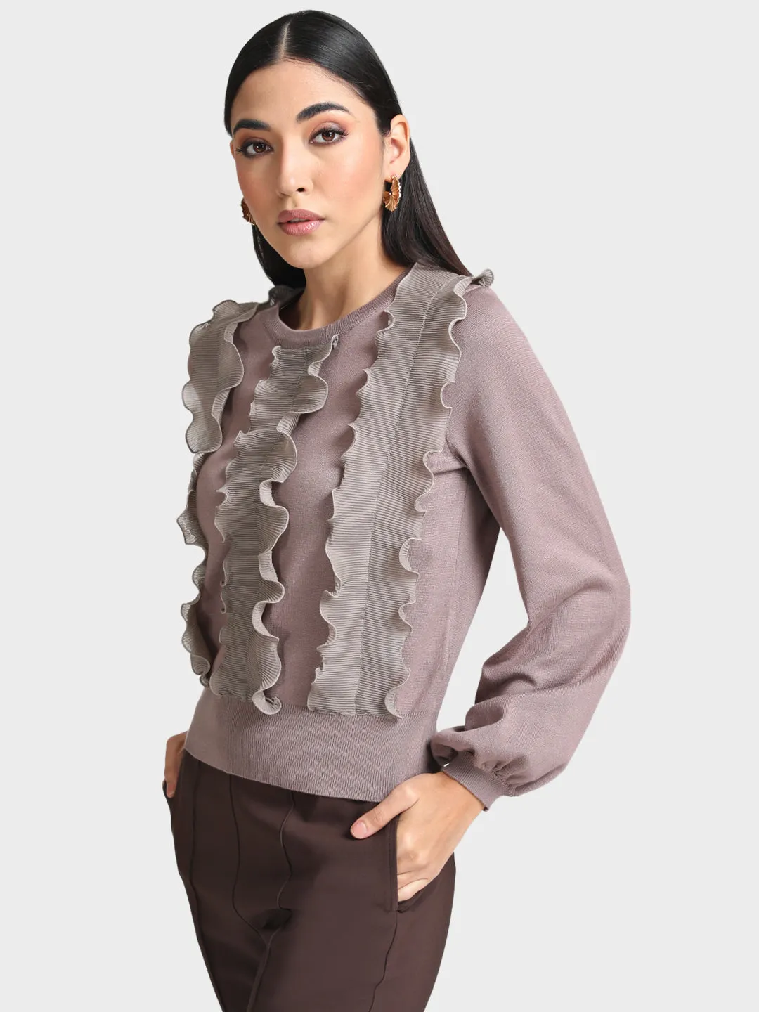 Ruffled Pleated Pullover with Front Detail