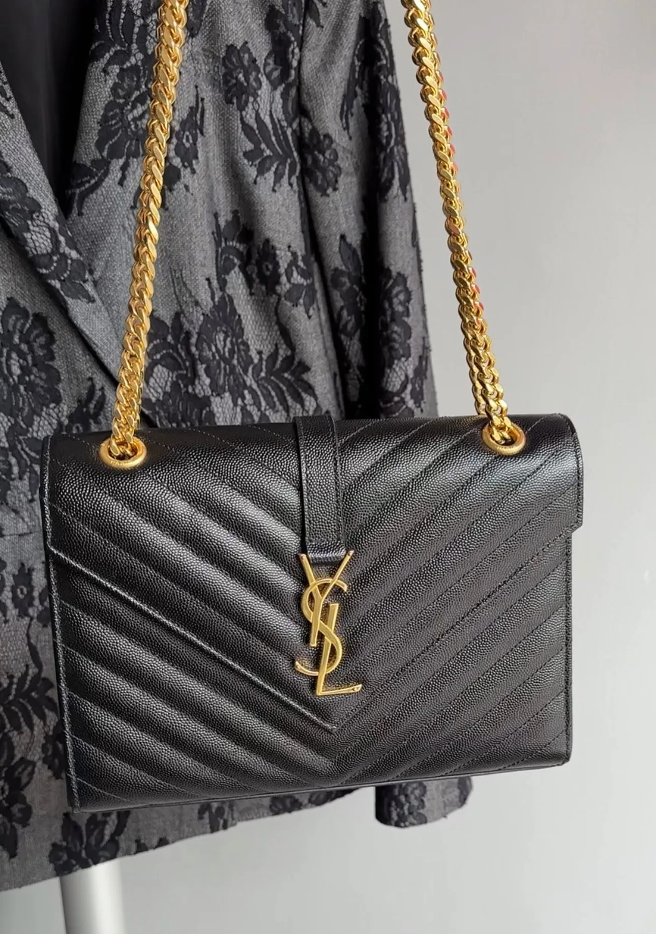 Saint Laurent Black Chevron Monogram Small Chain Envelope Bag