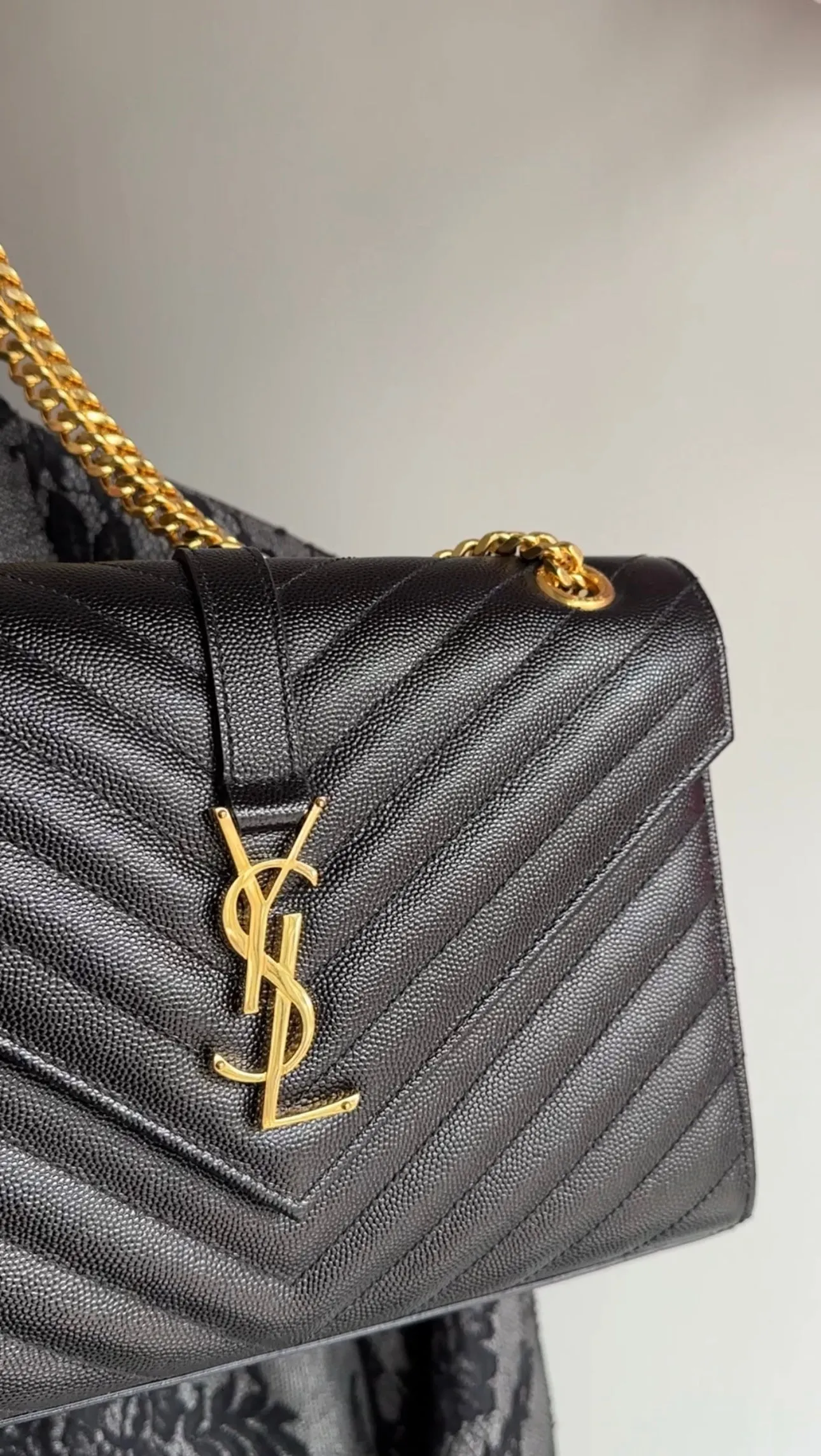 Saint Laurent Black Chevron Monogram Small Chain Envelope Bag