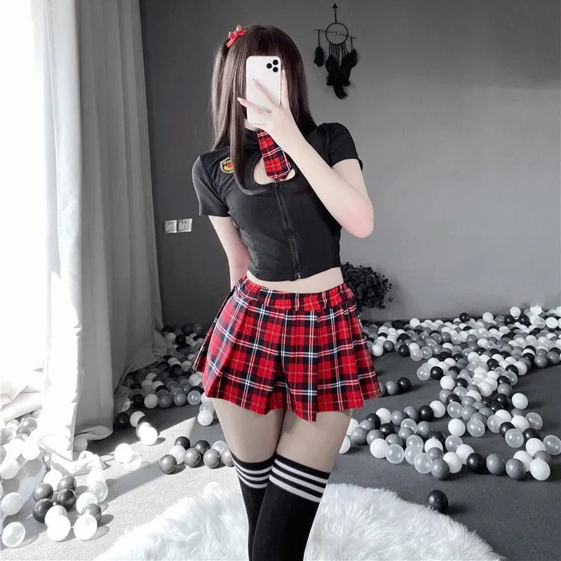 Sexy Schoolgirl Costume Embroidery Pleated Role Play Set - Shop Now