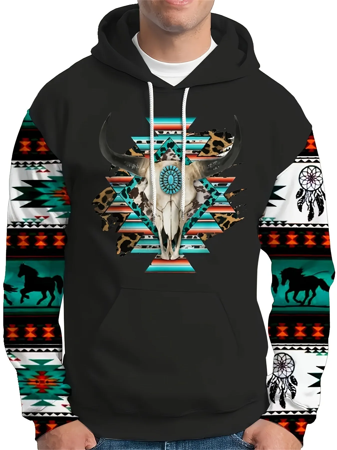 Southwest Print Hoodie, Men's Casual Pullover Hooded Sweatshirt with Kangaroo Pocket