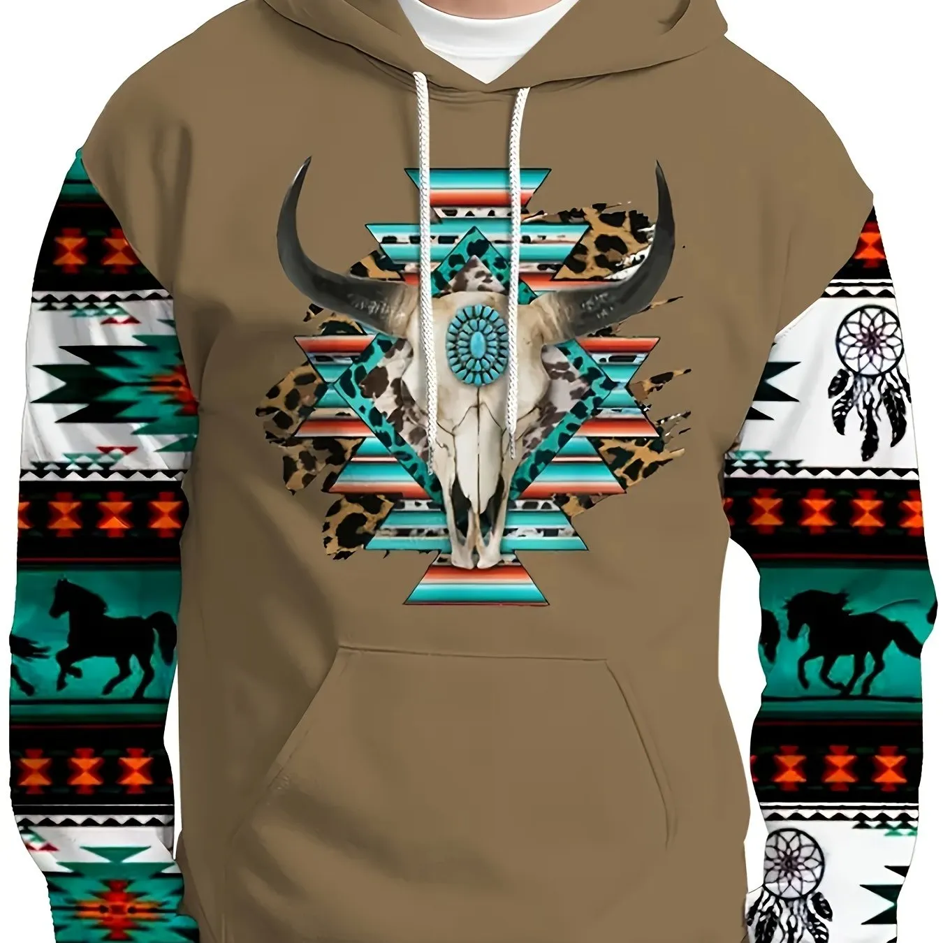 Southwest Print Hoodie, Men's Casual Pullover Hooded Sweatshirt with Kangaroo Pocket