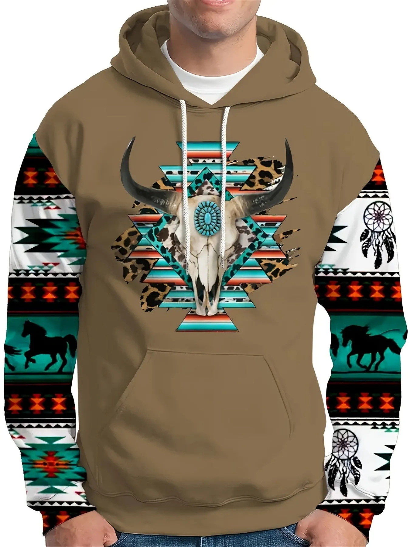 Southwest Print Hoodie, Men's Casual Pullover Hooded Sweatshirt with Kangaroo Pocket