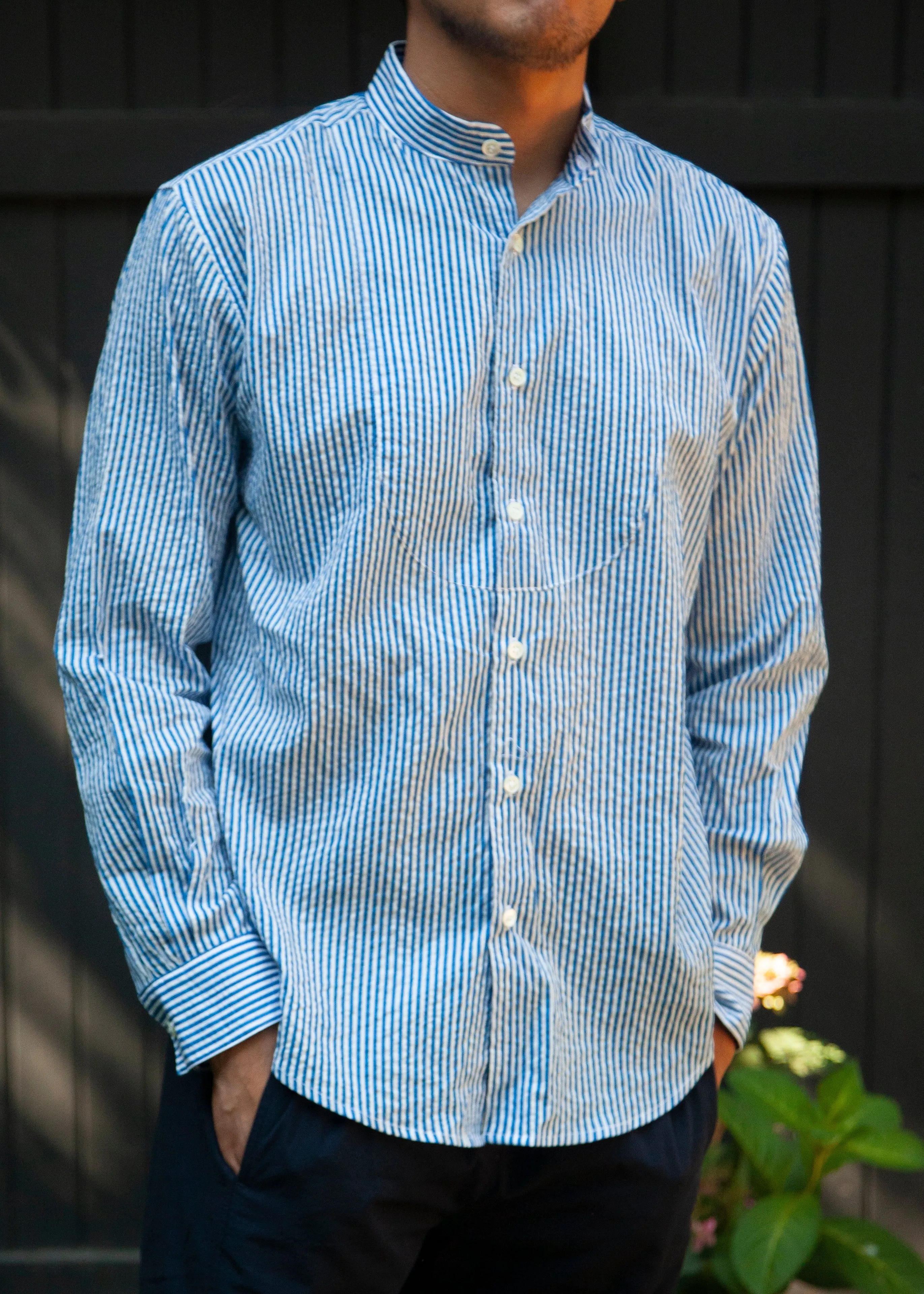 Steven Alan x Clare V Tux Shirt Blue Cream Stripe