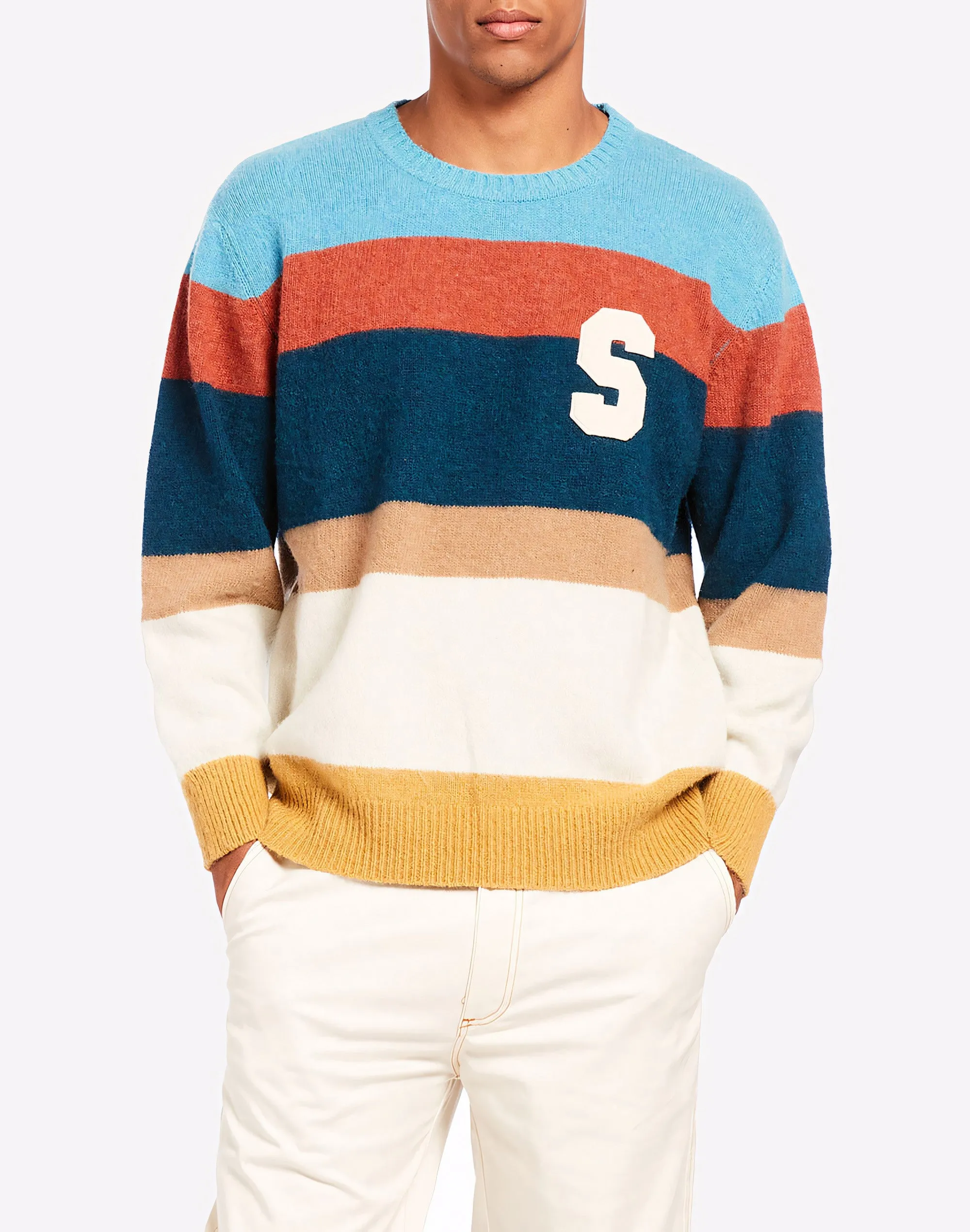 Striped crewneck sweater with patches