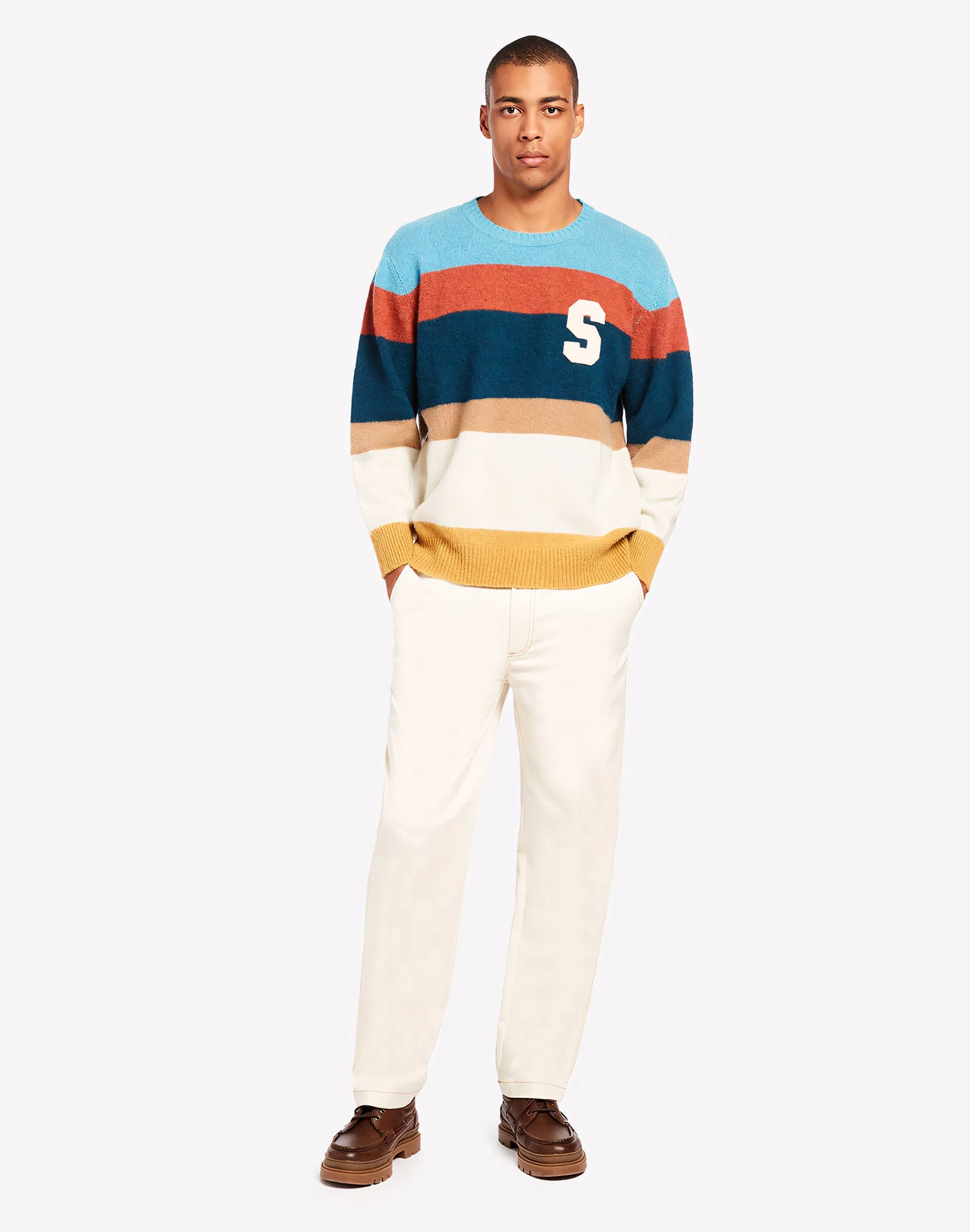 Striped crewneck sweater with patches