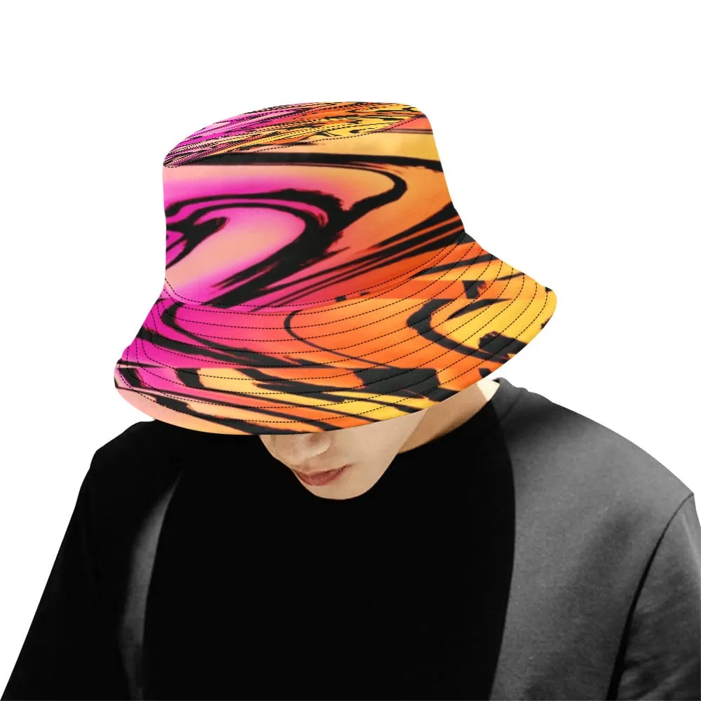 Sunset Wave Glitch Bucket Hat can be rewritten as Stylish glitch bucket hat with sunset wave design.