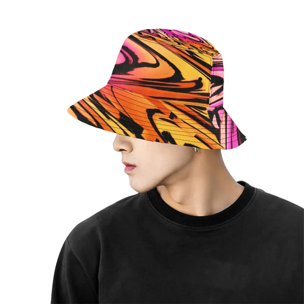 Sunset Wave Glitch Bucket Hat can be rewritten as Stylish glitch bucket hat with sunset wave design.