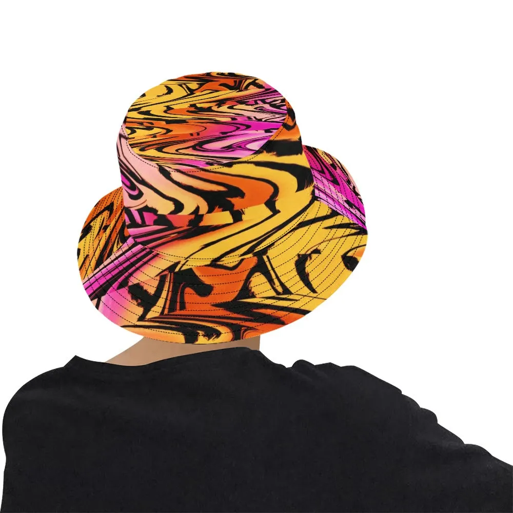 Sunset Wave Glitch Bucket Hat can be rewritten as Stylish glitch bucket hat with sunset wave design.