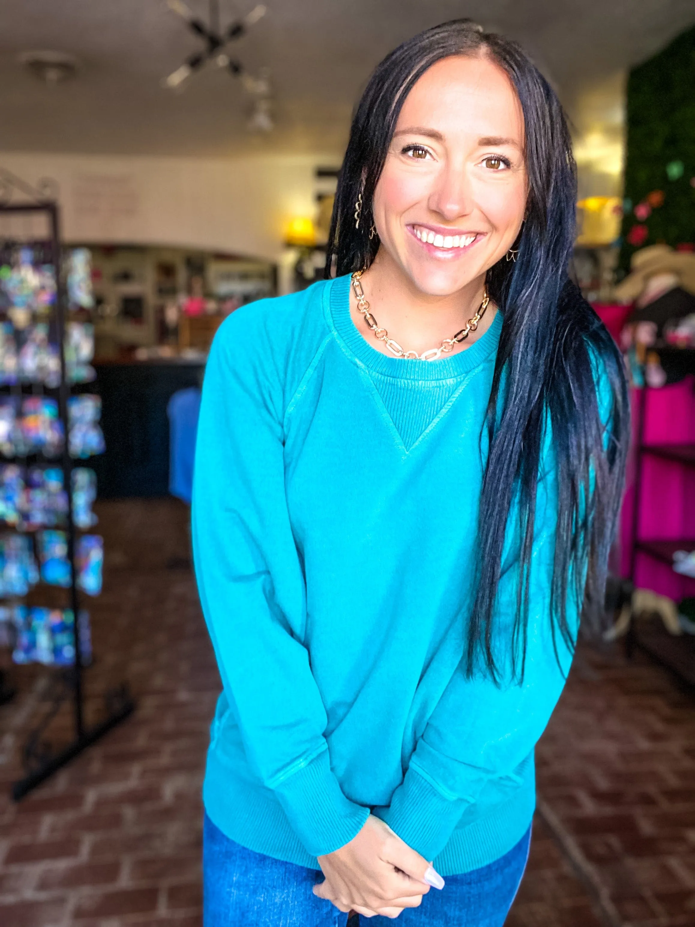 Teal Perla Mineral Wash Pullover