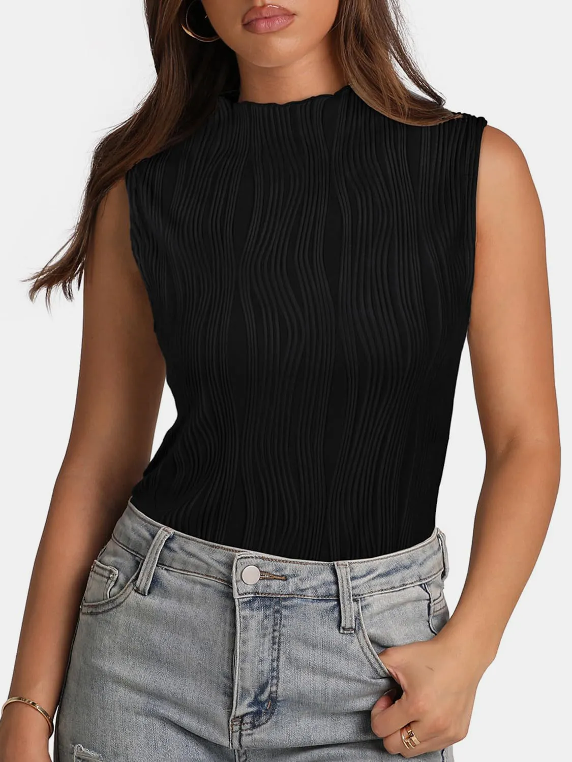 Textured Sleeveless Turtleneck