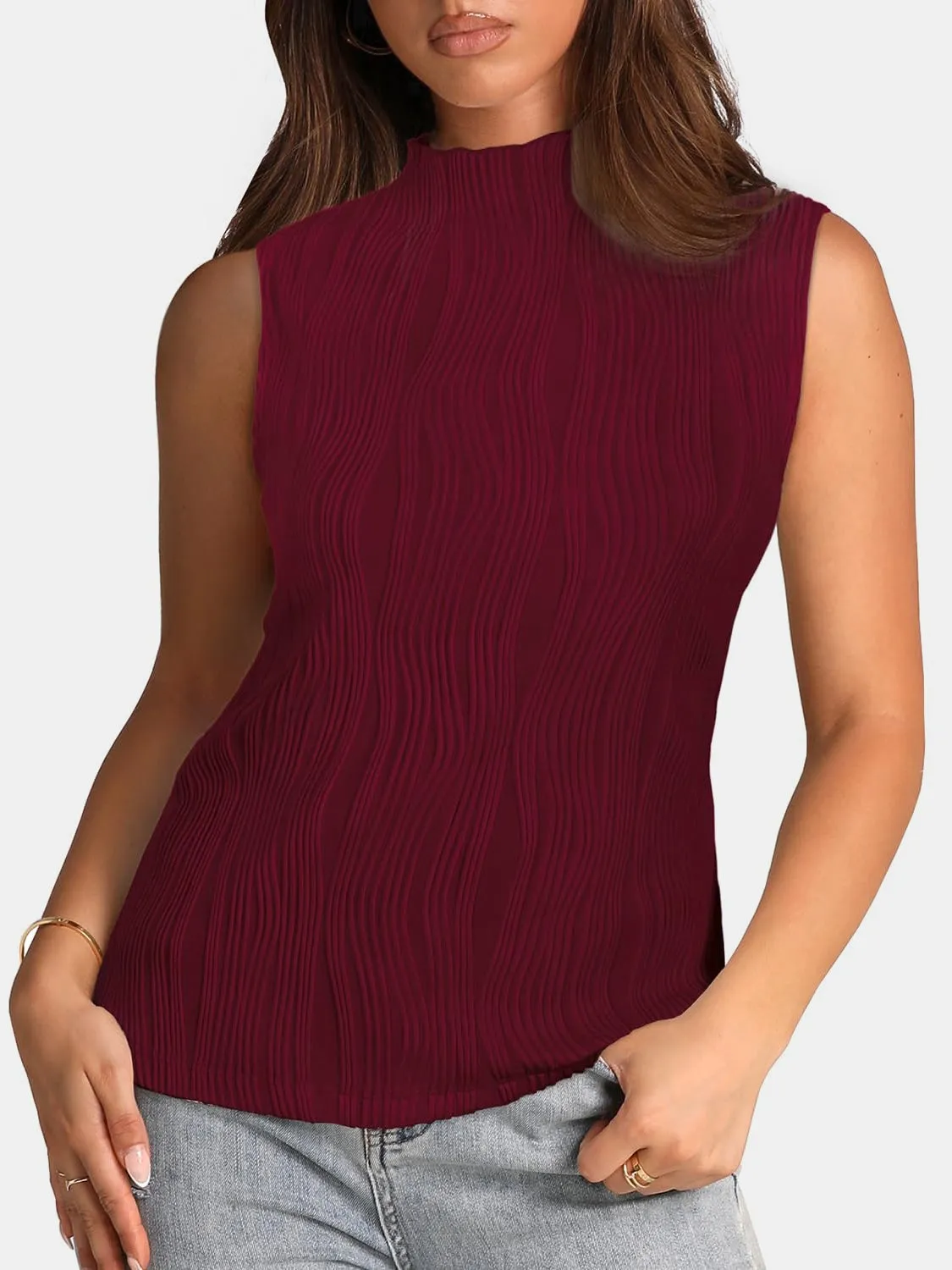 Textured Sleeveless Turtleneck