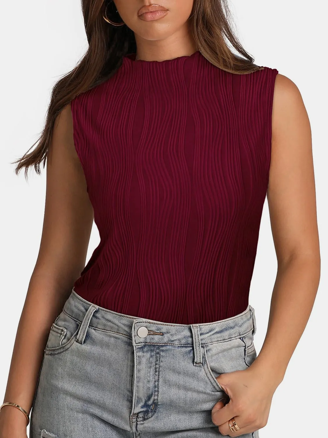 Textured Sleeveless Turtleneck