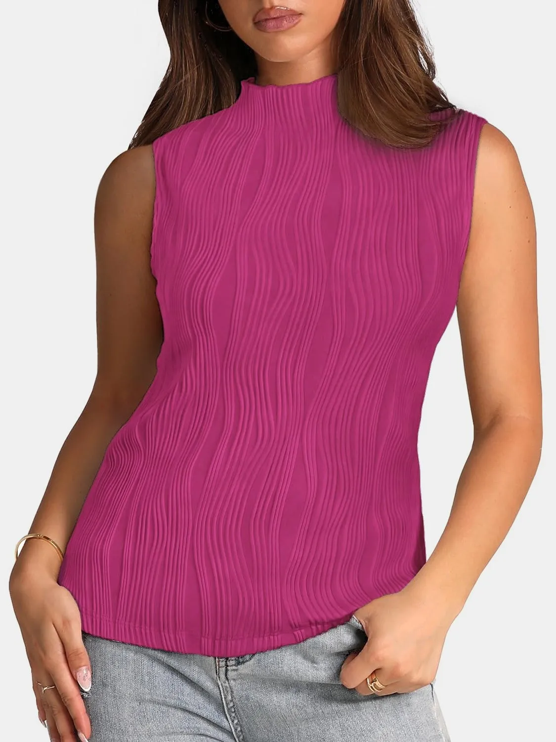 Textured Sleeveless Turtleneck