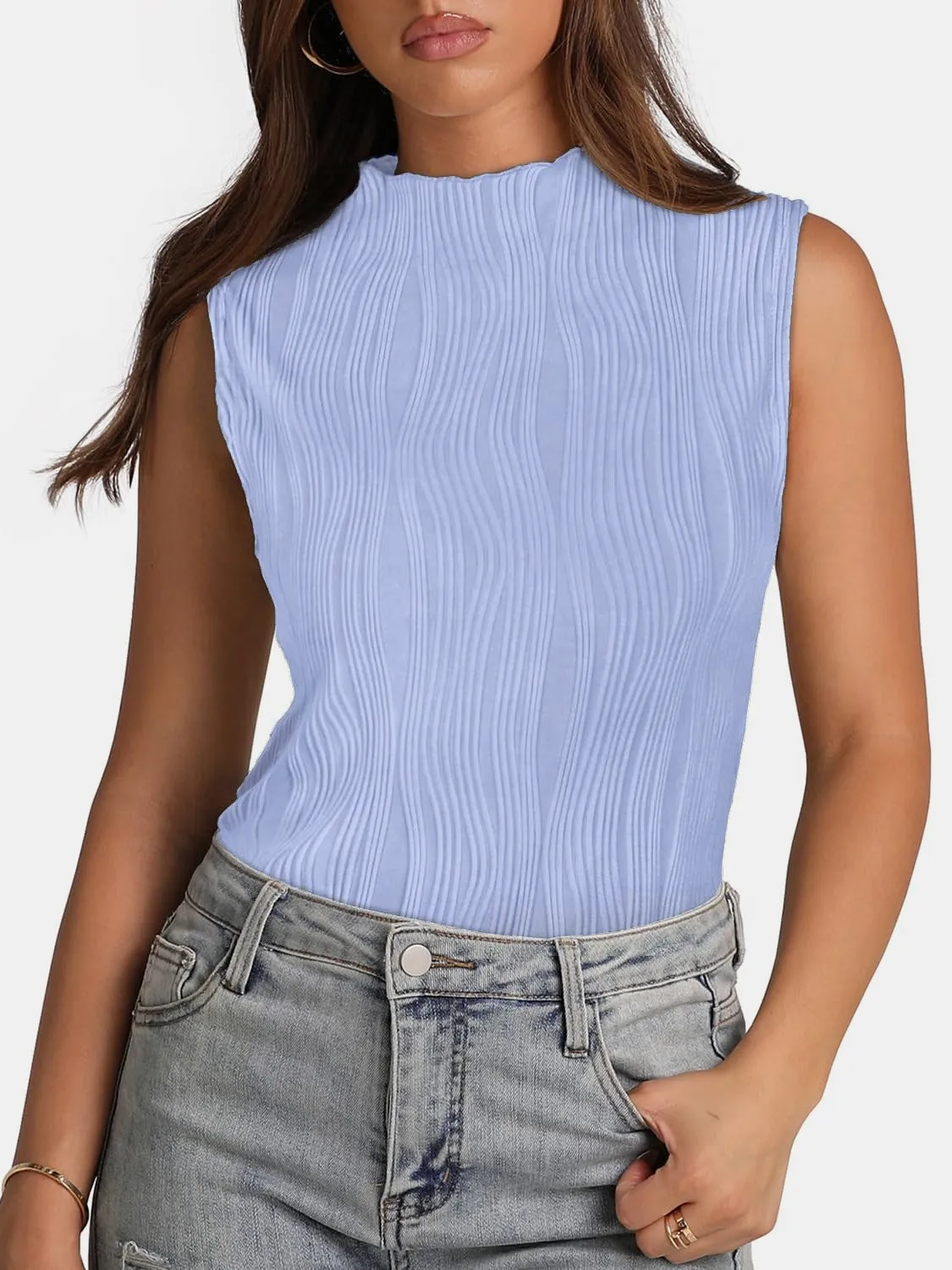 Textured Sleeveless Turtleneck