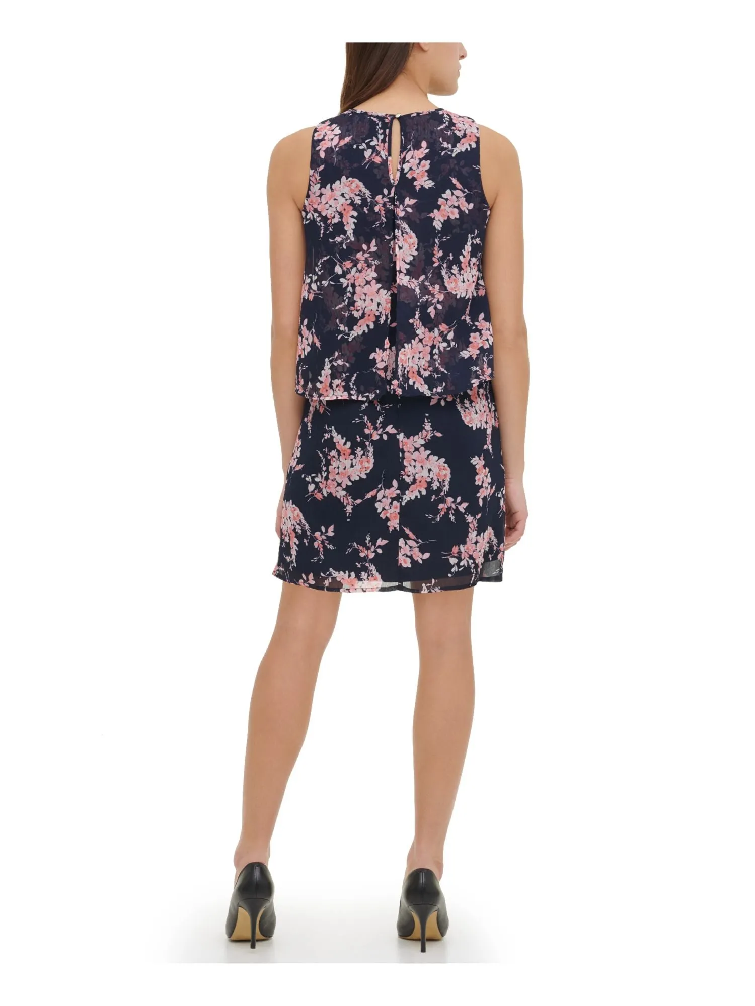 Tommy Hilfiger navy floral sleeveless shift dress for women, with stretch and sheer lined design, suitable for work.