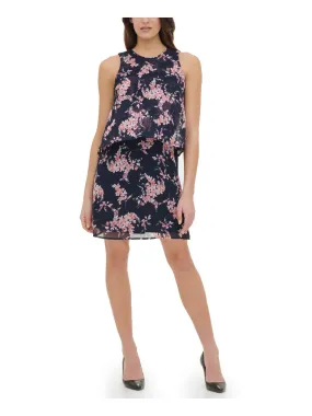 Tommy Hilfiger navy floral sleeveless shift dress for women, with stretch and sheer lined design, suitable for work.