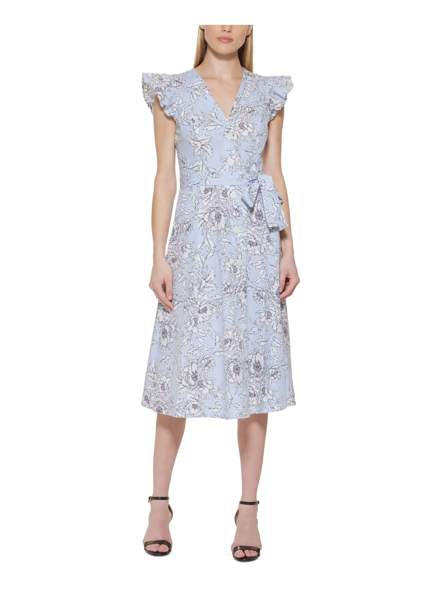 Tommy Hilfiger White Textured Button Front Floral Flutter Sleeve V Neck Midi Dress with Self-tie Belt