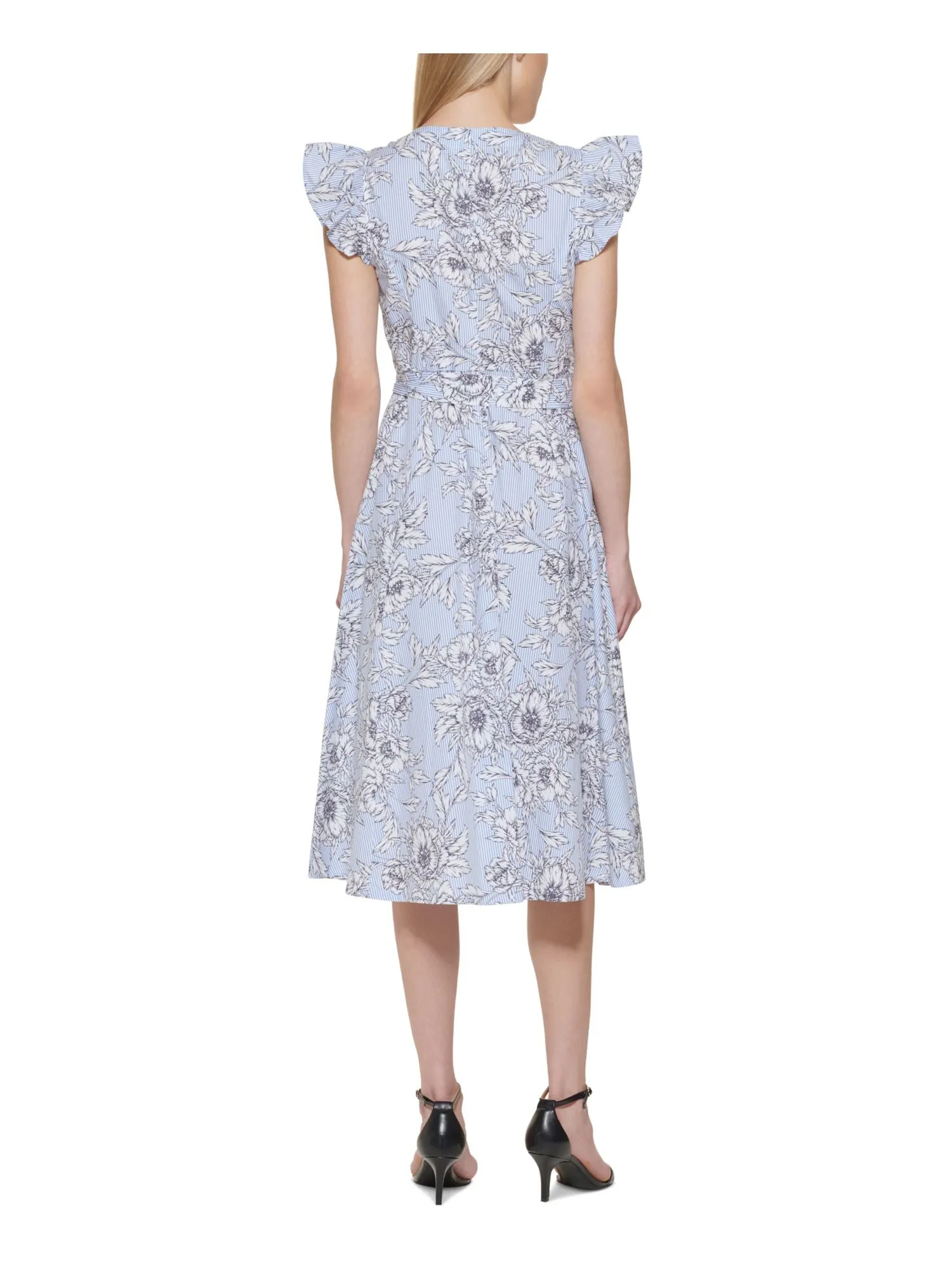 Tommy Hilfiger White Textured Button Front Floral Flutter Sleeve V Neck Midi Dress with Self-tie Belt