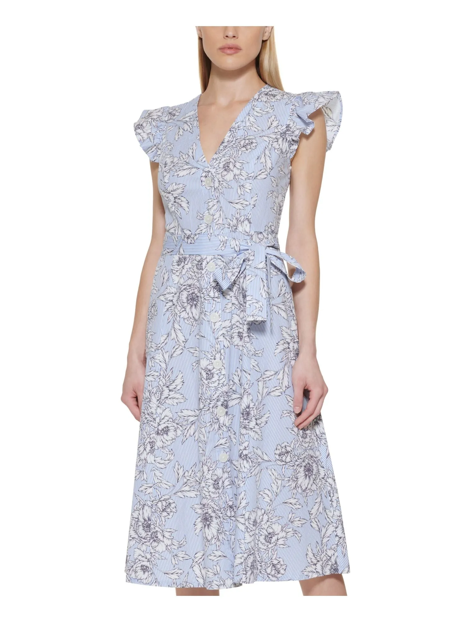 Tommy Hilfiger White Textured Button Front Floral Flutter Sleeve V Neck Midi Dress with Self-tie Belt