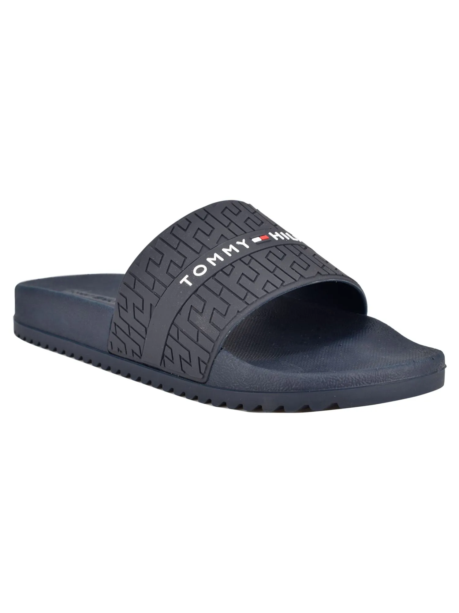 Tommy Hilfiger Women's Blue Slide Sandals with Mixed Media Logo Stripe, Comfortable Reid Round Toe Slide Shoes