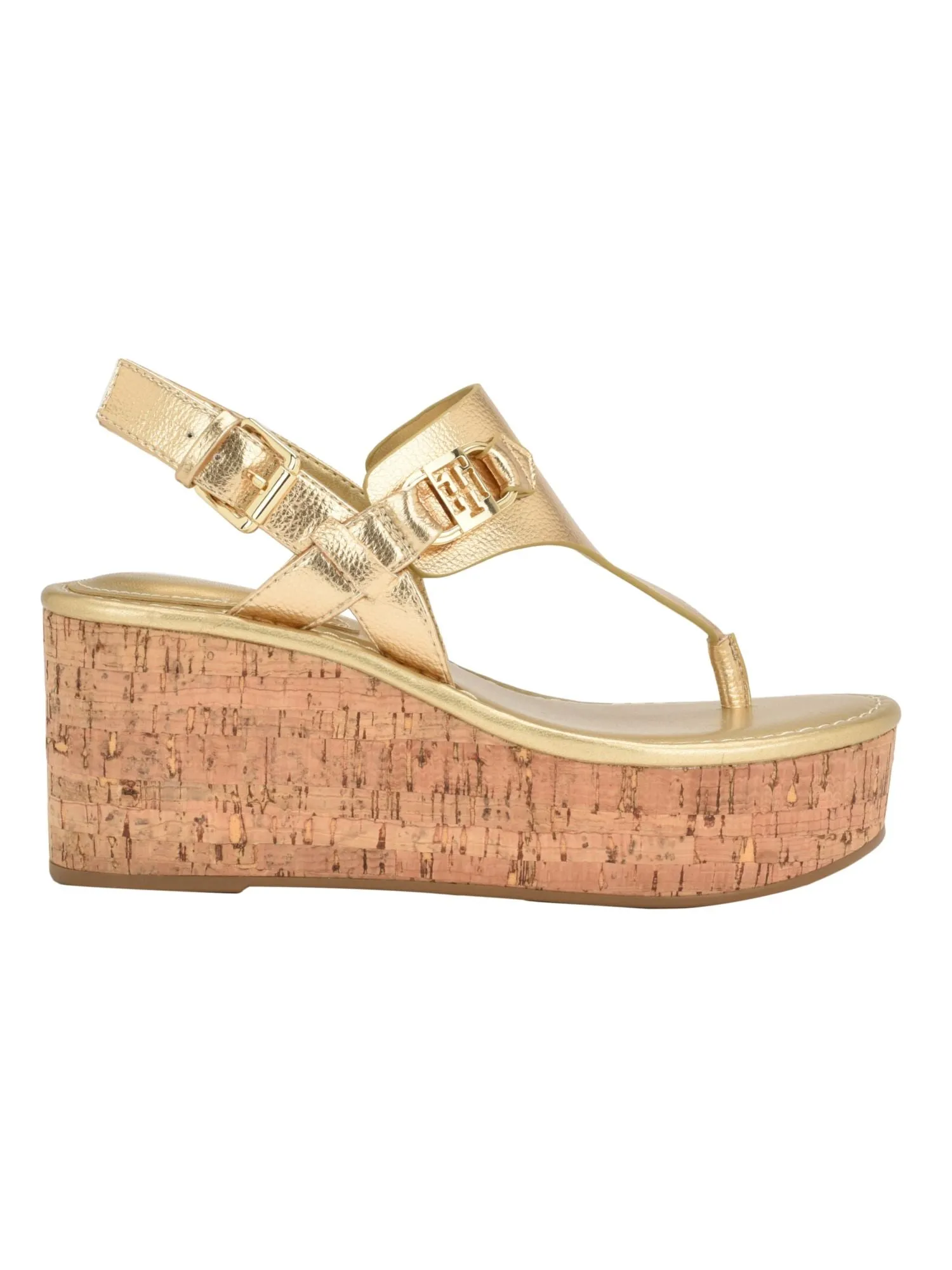 Tommy Hilfiger women's gold cork platform wedge sandals with gold tone hardware, padded Vani round toe, and buckle thong strap.