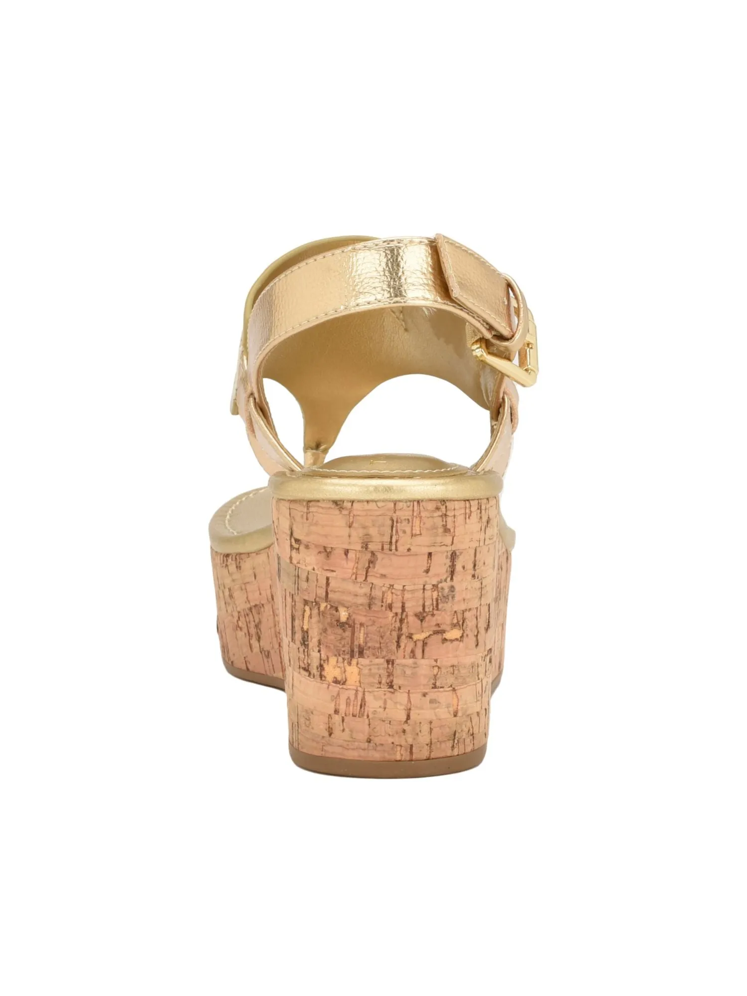 Tommy Hilfiger women's gold cork platform wedge sandals with gold tone hardware, padded Vani round toe, and buckle thong strap.