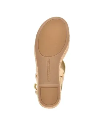 Tommy Hilfiger women's gold cork platform wedge sandals with gold tone hardware, padded Vani round toe, and buckle thong strap.